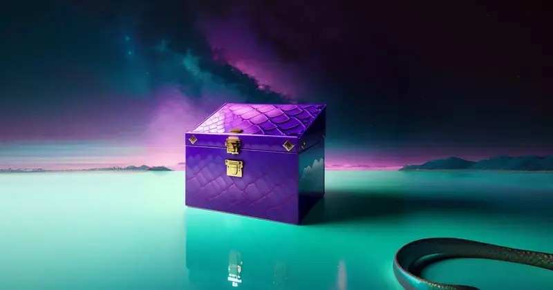 Purple box on aqua ground with snake and dark clouds